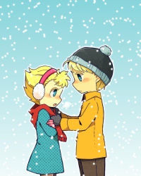 Rule 34 | 1boy, 1girl, adjusting another&#039;s clothes, adjusting scarf, animification, beanie, blonde hair, blue eyes, brother and sister, charlie brown, coat, dress, earmuffs, gloves, hat, peanuts (comic), sally brown, scarf, short hair, siblings, snow, tsunoji, winter, winter clothes, winter coat