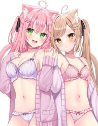 Rule 34 | 2girls, :d, ahoge, animal ear fluff, animal ears, black ribbon, blush, bra, breasts, cat choker, cat ears, cat girl, cat tail, collarbone, double-parted bangs, frilled bra, frilled panties, frills, green eyes, hair ribbon, hamico, hand on own chest, haruka (hamico), highres, holding hands, jacket, kokona (hamico), light brown hair, long hair, looking at viewer, medium breasts, multiple girls, navel, off shoulder, open mouth, original, panties, pink bra, pink hair, pink panties, purple bra, purple jacket, purple panties, ribbon, small breasts, smile, tail, twintails, underwear, very long hair, yellow eyes