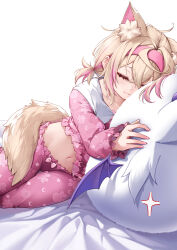 Rule 34 | 1girl, animal ear fluff, animal ears, bed sheet, blonde hair, closed eyes, closed mouth, clothes lift, commentary, curry bowl, dog ears, dog girl, dog tail, fingernails, frilled sleeves, frills, hair between eyes, hairband, highres, hololive, hololive english, hugging object, long sleeves, low twintails, lying, midriff, mococo abyssgard, multicolored hair, nail polish, navel, on bed, on side, pajamas, pants, paw print, pink hair, pink hairband, pink nails, pink pajamas, pink pants, pink shirt, shirt, shirt lift, short hair, short twintails, simple background, sleeping, smile, solo, stomach, streaked hair, stuffed toy, symbol-only commentary, tail, twintails, two-tone hair, virtual youtuber, white background