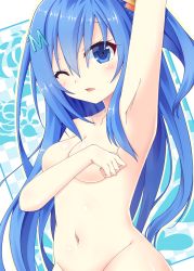 Rule 34 | 1girl, arm up, armpits, blue eyes, blue hair, blush, breast hold, breasts, cleavage, collarbone, commentary request, covering privates, covering breasts, emori miku, groin, hair between eyes, hair ornament, liver city, long hair, looking at viewer, medium breasts, navel, noname (reticulian), nude, one eye closed, one side up, out-of-frame censoring, parted lips, solo, very long hair