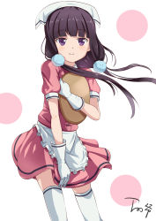Rule 34 | 1girl, absurdres, apron, blend s, blunt bangs, blush, closed mouth, commentary request, frilled apron, frills, gloves, hair ornament, head scarf, highres, holding, holding tray, long hair, looking at viewer, pink shirt, pink skirt, puffy short sleeves, puffy sleeves, purple eyes, purple hair, sakuranomiya maika, shirt, short sleeves, signature, simple background, skirt, smile, solo, standing, thighhighs, tray, uniform, waist apron, waitress, white apron, white background, white gloves, white thighhighs