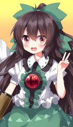 Rule 34 | 1girl, :d, arm cannon, black hair, blush, bow, center frills, commentary request, frills, gradient background, green bow, green skirt, hair bow, highres, long hair, looking at viewer, open mouth, red eyes, reiuji utsuho, ruu (tksymkw), shirt, short sleeves, skirt, smile, solo, third eye, touhou, triangle print, v, weapon, white shirt, yellow background