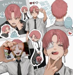Rule 34 | 1boy, absurdres, bandaid, black necktie, black pants, bucket, collared shirt, eyepatch, gakudayo, ghost, hand up, heart, highres, holding, holding bucket, holding phone, long sleeves, male focus, multiple views, necktie, original, pants, phone, pink hair, shirt, tongue, tongue out, v, white shirt