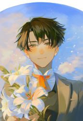 Rule 34 | 1boy, ace attorney, alternate costume, ascot, ato (ml cc g), black hair, blush, closed mouth, cloud, flower, grey jacket, hair between eyes, highres, holding, holding flower, jacket, kazuma asogi, looking at viewer, male focus, orange ascot, petals, sky, solo, the great ace attorney, upper body, white flower