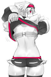 Rule 34 | 1girl, absurdres, ass, backboob, bandaged hand, bandages, breasts, cropped jacket, goggles, goggles on head, greyscale, highres, large breasts, light blush, long bangs, long sleeves, looking at viewer, looking back, medium breasts, midriff, monochrome, motion lines, nape, niwamaru (niwarhythm), niwarhythm, original, pink eyes, pink trim, shiny skin, short hair, short shorts, shorts, solo, strapless, thick thighs, thighs, toned, tube top, white background