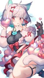 Rule 34 | 1girl, :o, ahoge, animal, animal ear fluff, animal ears, bandaid, bare shoulders, blue hair, bow, breasts, brooch, cat, cat ears, cat tail, finger to cheek, gradient hair, hair bow, hair intakes, hair ribbon, heart, highres, jewelry, layered skirt, leaning to the side, looking at viewer, medium breasts, midriff, mitake eil, multicolored hair, navel, original, red bow, red eyes, ribbon, skirt, socks, solo, tail, white hair