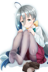 Rule 34 | 10s, 1girl, 3:, ahoge, aqua bow, blouse, blush, bow, closed mouth, comah, feet, feet together, flying sweatdrops, full body, grey eyes, hair between eyes, hair bow, kantai collection, kiyoshimo (kancolle), legs together, long hair, long sleeves, looking at viewer, pantyhose, pleated skirt, purple skirt, shadow, shirt, shoes, unworn shoes, silver hair, simple background, sitting, skirt, soles, solo, thighband pantyhose, thighs, twintails, very long hair, white background, white shirt, yellow bow