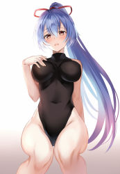 Rule 34 | 1boy, :o, arm behind back, bad id, bad pixiv id, bare arms, bare shoulders, black leotard, blue hair, blush, covered navel, fate/grand order, fate (series), gradient background, hair between eyes, hair ribbon, hand on own chest, harimoji, heattech leotard, highleg, highleg leotard, invisible chair, leotard, long hair, open mouth, ponytail, red ribbon, ribbon, sitting, solo, tomoe gozen (fate), turtleneck, very long hair, yellow eyes
