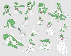 Rule 34 | 1girl, all fours, arm up, back, bare shoulders, bob cut, closed eyes, closed mouth, colored skin, creatures (company), dress, elbow gloves, female focus, flat chest, flat color, from behind, from side, full body, game freak, gardevoir, gen 3 pokemon, gloves, green hair, green skin, grey background, hair between eyes, hair over one eye, hand to own mouth, hands up, happy, highres, jumping, leaning forward, leg up, lotosu, mega gardevoir, mega pokemon, multicolored skin, multiple views, nintendo, open mouth, outstretched arms, pokemon, pokemon (creature), red eyes, short hair, simple background, smile, standing, standing on one leg, strapless, strapless dress, two-tone skin, upper body, upside-down, waving, white dress, white gloves, white skin