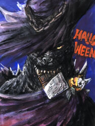 Rule 34 | absurdres, candy, chain, chocolate, chocolate bar, cloak, close-up, cosplay, costume, dinosaur, eating, english text, food, g.n.a., giant, giant monster, godzilla, godzilla (series), halloween, halloween costume, happy halloween, hat, highres, jack-o&#039;-lantern, kaijuu, looking at viewer, monster, no humans, orange eyes, pumpkin, sea monster, spikes, toho, witch, witch hat