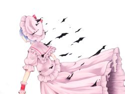Rule 34 | 1girl, bat wings, black wings, blue hair, feet out of frame, frilled headwear, frilled shirt, frilled shirt collar, frilled skirt, frilled sleeves, frills, from behind, hat, highres, hiyashi mikan, mob cap, pink hat, pink sailor collar, pink shirt, pink skirt, puffy short sleeves, puffy sleeves, remilia scarlet, sailor collar, shirt, short hair, short sleeves, simple background, skirt, solo, touhou, white background, wings, wrist cuffs