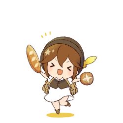 Rule 34 | 1girl, bread, brown hair, chibi, closed eyes, dress, esaka, food, hat, jewelry, money, octopath traveler, octopath traveler i, open mouth, short hair, simple background, smile, solo, tressa (octopath traveler), white background