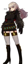 Rule 34 | 1girl, black dress, boots, dress, dungeon and fighter, expressionless, female slayer (dungeon and fighter), firstw1, full body, fur jacket, gloves, highres, jacket, jewelry, long hair, necklace, red eyes, simple background, solo, thighhighs, turtleneck, white background, white hair
