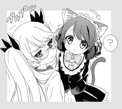Rule 34 | 10s, 2girls, ?, akakokko, animal ears, arrow (projectile), blush, cat ears, cat tail, cyan (show by rock!!), glasses, gothic lolita, greyscale, hair ornament, hairclip, head tilt, lolita fashion, looking away, lowres, monochrome, multiple girls, retoree (show by rock!!), show by rock!!, spoken question mark, tail, trembling, twintails