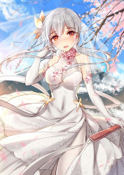 Rule 34 | 1girl, :d, bison cangshu, blush, bridal veil, brown eyes, dress, elbow gloves, hand fan, folding fan, gloves, holding, long hair, looking at viewer, open mouth, silver hair, sketch, smile, solo, veil, warship girls r, wedding dress, white dress, white gloves, wind, yamashiro (warship girls r)