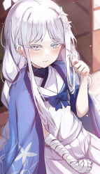 Rule 34 | 1girl, absurdres, bandaged arm, bandages, blue archive, blush, closed mouth, colored eyelashes, grey eyes, grey hair, hair ornament, halo, haori, highres, japanese clothes, long hair, looking at viewer, nagusa (blue archive), pleated skirt, sailor collar, skirt, solo, white sailor collar, white skirt, wimawi