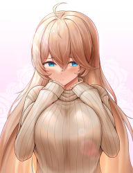 Rule 34 | 1girl, ahoge, beige sweater, blonde hair, blue eyes, blush, breasts, closed mouth, floral background, gradient background, hair between eyes, harpyia (last origin), highres, large breasts, last origin, lazb., long hair, looking at viewer, pink background, ribbed sweater, sleeves past wrists, smile, solo, sweater, turtleneck, turtleneck sweater, upper body