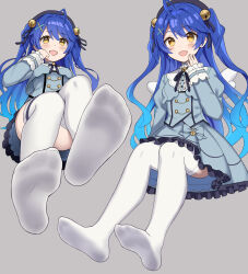 Rule 34 | 1girl, ahoge, amamiya kokoro, amamiya kokoro (1st costume), bell, black ribbon, blue bow, blue bowtie, blue dress, blue hair, blush, bow, bow skirt, bowtie, breasts, dot nose, dress, fang, feet, foot focus, frilled dress, frilled sleeves, frills, from below, from side, full body, glastonbury1966, grey background, hair bell, hair between eyes, hair intakes, hair ornament, hair ribbon, hand on own cheek, hand on own face, hand up, hat, highres, huge ahoge, invisible chair, legs, long hair, long sleeves, looking at viewer, looking down, multiple views, neck bell, nijisanji, no shoes, open mouth, presenting foot, ribbon, simple background, sitting, skin fang, sleeves past wrists, small breasts, smug, soles, swept bangs, thigh strap, thighhighs, toes, two side up, virtual youtuber, white thighhighs, x hair ornament, yellow eyes