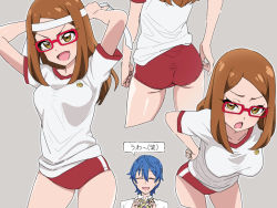Rule 34 | 1boy, 1girl, :d, arms up, ass, blue hair, breasts, brown eyes, brown hair, buruma, character request, collarbone, collared shirt, commentary request, contrapposto, forehead, glasses, grey background, gym shirt, gym uniform, hair between eyes, hand on own hip, hands up, headband, holding, kiratto pri chan, leaning forward, long hair, medium breasts, multiple views, open mouth, outline, parted bangs, pretty series, red-framed eyewear, red buruma, shirt, short sleeves, simple background, smile, tonbi, v-shaped eyebrows, white outline, white shirt