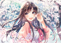 Rule 34 | 1girl, blue sky, blurry, blurry background, blurry foreground, blush, breasts, brown hair, buttons, cardigan, cherry blossoms, collarbone, day, depth of field, dress, floating hair, flower, glint, hair flower, hair ornament, hand up, highres, holding, holding flower, long hair, medium breasts, morikura en, open cardigan, open clothes, open mouth, original, outdoors, pink cardigan, purple eyes, sidelocks, sky, smile, solo, tree, white dress, wind