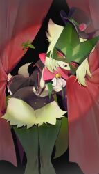 Rule 34 | 1girl, absurdres, animal nose, black headwear, blush, body fur, breasts, creatures (company), fang, furry, furry female, game freak, green fur, green hair, half-closed eyes, hat, highres, looking at viewer, magician, meowscarada, mini hat, mini top hat, nintendo, open mouth, pokemon, pokemon (creature), pokemon sv, red eyes, smile, snout, solo, standing, top hat, two-tone fur, wide hips, yuio58ok