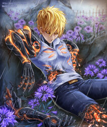 Rule 34 | 1boy, absurdres, artist name, black sclera, blonde hair, colored sclera, commentary request, cyborg, earrings, flower, genos, highres, jewelry, korean commentary, korean text, male focus, mixed-language commentary, one-punch man, open mouth, outdoors, ppoptkr, rain, short hair, solo, translation request, watermark, web address, yellow eyes