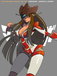 Rule 34 | 1girl, bad id, bad pixiv id, breasts, cleavage, cowboy hat, epic, hat, large breasts, long hair, mazinger (series), mazingkaizer, mazinkaiser, mecha musume, personification, solo, venus a, very long hair, cowboy western, yellow eyes, zipper