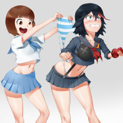 Rule 34 | 2girls, ass, assisted exposure, black hair, blue eyes, blue panties, blush, brown eyes, brown hair, butt crack, clenched hands, clenched teeth, commentary, embarrassed, english commentary, fang, highres, humiliation, kill la kill, mankanshoku mako, matoi ryuuko, midriff, miniskirt, multiple girls, navel, panties, panty pull, school uniform, senketsu, short hair, skirt, skylock, smile, striped clothes, striped panties, surprised, suspender skirt, suspenders, teeth, underwear, wedgie