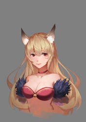 Rule 34 | 1girl, absurdres, animal ears, bare shoulders, bell, blonde hair, breasts, bustier, choker, cleavage, closed mouth, ertw lin, fur trim, grey background, highres, jingle bell, jpeg artifacts, long hair, looking at viewer, medium breasts, original, pink lips, red eyes, sketch, solo, strapless, upper body