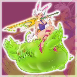 Rule 34 | 1girl, absurdres, animal ears, battle bunny riven, belt, between breasts, breasts, cleavage, detached collar, ejami, fake animal ears, heart, heart-shaped pupils, high heels, highres, huge filesize, league of legends, monster boy, necktie, playboy bunny, rabbit ears, rabbit tail, red eyes, riding, riven (league of legends), short hair, slime (substance), sword, symbol-shaped pupils, tail, weapon, white hair, wrist cuffs, yellow eyes, zac (league of legends), zoom layer