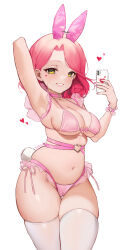 Rule 34 | 1girl, animal ears, arm up, armpits, bra, breasts, cameltoe, cellphone, cleavage, cleft of venus, cowboy shot, eden (shiroki yuutsu), fingernails, frilled panties, frills, grin, heart, highres, holding, holding phone, large breasts, lingerie, medium hair, navel, original, panties, phone, pink bra, pink hair, pink nails, pink panties, rabbit ears, rabbit tail, simple background, skindentation, smartphone, smile, solo, tail, thighhighs, underboob, underwear, valentine, vanilla (eden (shiroki yuutsu)), white background, white thighhighs, yellow eyes