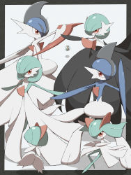 Rule 34 | absurdres, alternate color, bad id, bad twitter id, colored skin, commentary request, creatures (company), evolutionary line, eye contact, gallade, game freak, gardevoir, gen 3 pokemon, gen 4 pokemon, green hair, highres, kirlia, looking at another, mega gallade, mega gardevoir, mega pokemon, nintendo, outstretched arms, pokemon, pokemon (creature), ralts, red eyes, shabana may, shiny pokemon, standing, stone, white skin