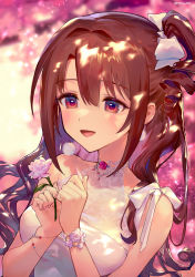 Rule 34 | 1girl, :d, ainy, artist name, bare arms, bare shoulders, blush, bow, breasts, brown hair, commentary request, dress, drill hair, flower, hair between eyes, hair bow, hair intakes, hands up, highres, holding, holding flower, idolmaster, idolmaster cinderella girls, long hair, medium breasts, nail polish, one side up, open mouth, pink flower, pink nails, pink rose, pom pom (clothes), red eyes, ribbon, rose, shimamura uzuki, sidelocks, sleeveless, sleeveless dress, smile, solo, twitter username, upper body, white bow, white dress, white ribbon