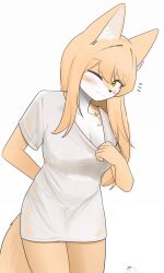 Rule 34 | 1girl, animal ear fluff, animal ears, animal nose, blonde hair, blush, body fur, breasts, closed mouth, fox ears, fox girl, fox tail, furry, furry female, highres, jeifier (korfiorano01), large breasts, long hair, looking at viewer, multicolored fur, original, see-through, see-through shirt, shirt, simple background, snout, solo, tail, two-tone fur, white fur, yellow eyes, yellow fur