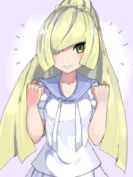 Rule 34 | 1girl, blonde hair, braid, clenched hands, cosplay, creatures (company), french braid, game freak, green eyes, hair over one eye, hi nomase ijin, high ponytail, highres, hood, lillie (pokemon), lillie (pokemon) (cosplay), long hair, looking at viewer, lusamine (pokemon), nintendo, pleated skirt, pokemon, pokemon sm, shirt, short sleeves, sketch, skirt, smile, solo, upper body, very long hair, white shirt, white skirt