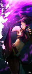 Rule 34 | 1girl, baggy pants, bare shoulders, breasts, capcom, chaps, dudou, evil grin, evil smile, glowing, glowing eye, grin, han juri, highres, large breasts, long image, mhk (mechamania), nail polish, pants, purple hair, purple nails, purple theme, short hair, sideboob, smile, solo, street fighter, street fighter iv (series), tall image