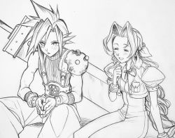 Rule 34 | 1boy, 1girl, aerith gainsborough, armor, baggy pants, belt, blush, braid, braided ponytail, breasts, buster sword, choker, cleavage, closed eyes, cloud strife, cowboy shot, cropped jacket, dress, final fantasy, final fantasy vii, gloves, hair between eyes, hair ribbon, hand to own mouth, highres, lineart, long dress, long hair, medium breasts, open mouth, own hands together, pants, parted bangs, parted lips, pinkclerith, puffy short sleeves, puffy sleeves, ribbon, ribbon choker, short hair, short sleeves, shoulder armor, shy, sidelocks, sitting, sleeveless, sleeveless turtleneck, smile, spiked hair, suspenders, turtleneck, wavy hair, weapon, weapon on back