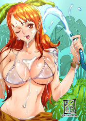 Rule 34 | 1girl, bikini, bikini top only, blush, breasts, clothes, ear piercing, female focus, highres, konohana, large breasts, long hair, looking at viewer, nami (one piece), one eye closed, one piece, open mouth, orange hair, piercing, smoking pipe, smile, solo, swimsuit, water