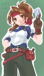 Rule 34 | 1990s (style), 1girl, armor, bag, belt, belt buckle, blue shirt, bodysuit, bodysuit under clothes, breastplate, breasts, brown eyes, brown hair, buckle, card, character name, closed mouth, copyright name, earrings, final fantasy, final fantasy vii, gloves, green background, hand on own hip, hand up, happy, headband, high ponytail, hip focus, holding, holding card, id card, japanese text, jessie rasberry, jewelry, long hair, looking at viewer, matching hair/eyes, minnku, pants, ponytail, red headband, retro artstyle, shirt, short sleeves, shoulder pads, simple background, smile, solo, standing, translated, turtleneck, unbuttoned, unbuttoned pants