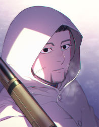 Rule 34 | 1boy, arisaka, bad id, bad pixiv id, black eyes, black hair, blurry, blurry background, bolt action, buttons, cape, collar, commentary request, facial hair, facial scar, golden kamuy, gun, hair strand, highres, holding, holding gun, holding weapon, hood, hood up, hooded cape, imperial japanese army, looking at viewer, male focus, military, military uniform, ogata hyakunosuke, parted lips, rifle, scar, scar on cheek, scar on face, short hair, simple background, solo, stubble, tetsuko gk, uniform, upper body, weapon, white cape