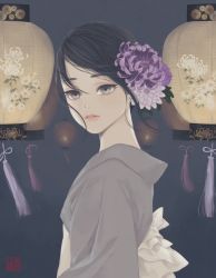 Rule 34 | 1girl, black hair, blue background, brown eyes, chrysanthemum print, commentary request, daisy, dark background, floral print, flower, from side, grey background, grey kimono, hair flower, hair ornament, japanese clothes, kikumon, kimono, lantern, looking at viewer, looking to the side, obi, original, paper lantern, parted lips, purple flower, sash, seal impression, short hair, solo, spider lily, standing, tassel, upper body, ushiyama ame, white flower, white spider lily