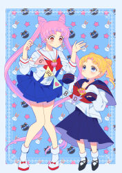 Rule 34 | 2girls, age difference, age switch, aged down, aged up, bishoujo senshi sailor moon, blonde hair, blue eyes, blue sailor collar, blue skirt, bow, bowtie, brooch, chibi usa, cone hair bun, double bun, hair bun, heart, heart brooch, jewelry, juuban high school uniform, kairi (oro-n), long hair, long sleeves, medium skirt, multiple girls, outside border, oversized clothes, parted bangs, pink footwear, pink hair, pleated skirt, rabbit background, red bow, red bowtie, red eyes, sailor collar, school uniform, serafuku, shirt, short hair, short twintails, skirt, sleeves past wrists, socks, suspender skirt, suspenders, torn clothes, tsukino usagi, twintails, very long hair, white shirt, white socks
