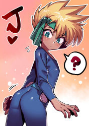 Rule 34 | 1boy, @ @, androgynous, ass, bakusou kyoudai let&#039;s &amp; go!!, blonde hair, blue eyes, blush, closed mouth, dark-skinned male, dark skin, headband, highres, j (let&#039;s &amp; go), looking at viewer, male focus, shiny clothes, simple background, skin tight, solo, trap, tukiwani