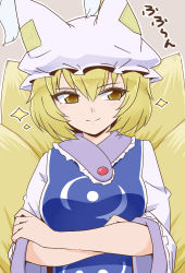 Rule 34 | 1girl, animal hat, blonde hair, closed mouth, crossed arms, dress, fox tail, hair between eyes, hat, long sleeves, looking to the side, mob cap, multiple tails, shio (futatsumami), short hair, simple background, smile, solo, star (symbol), tabard, tail, touhou, upper body, white dress, white hat, wide sleeves, yakumo ran, yellow eyes, yellow tail