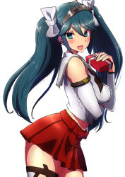 Rule 34 | 1girl, arm under breasts, blue hair, blush, box, breasts, comala (komma la), detached sleeves, gift, gift box, hair ribbon, headgear, highres, holding, isuzu (kancolle), kantai collection, large breasts, long hair, open mouth, red skirt, ribbon, sailor collar, simple background, skirt, solo, twintails, valentine, white background, white sailor collar