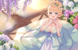 Rule 34 | 1girl, :d, blurry, blurry background, blurry foreground, blush, bow, braid, breasts, cleavage, depth of field, detached sleeves, dress, flower, green dress, green eyes, green sleeves, gucchiann, hair bun, hair flower, hair ornament, hands up, highres, large breasts, long sleeves, looking at viewer, mole, mole on breast, nakishaku yogaru, open mouth, own hands together, pink flower, pink rose, purple bow, purple flower, rose, single hair bun, smile, solo, strapless, strapless dress, unreal night girls, virtual youtuber, white flower, wide sleeves, yellow flower