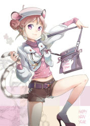 Rule 34 | 1girl, animal ears, anmi, bag, blonde hair, breasts, chinese zodiac, handbag, hat, high heels, jewelry, navel, necklace, new year, original, purple eyes, shoes, shorts, small breasts, solo, tail, tiger (chinese zodiac), tiger ears, tiger tail