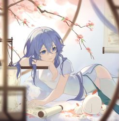 Rule 34 | 1girl, animal, bird, black hair, blue eyes, blurry, blurry foreground, branch, cherry blossoms, chicken, china dress, chinese clothes, dress, fu hua, highres, honkai (series), honkai impact 3rd, long hair, lying, on stomach, open mouth, petals, scroll, short sleeves, solo, white dress, yanwo shiro