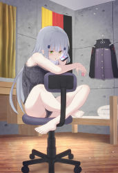 Rule 34 | 1girl, absurdres, babydoll, barefoot, bed, black panties, cellphone, chair, check commentary, commentary, commentary request, condom, condom wrapper, crossed ankles, curtains, facial tattoo, feet, german flag, girls&#039; frontline, green eyes, highres, hk416 (girls&#039; frontline), holding, holding condom, indian style, indoors, lace, lace-trimmed panties, lace trim, long hair, nero2, office chair, panties, phone, silver hair, sitting, smartphone, solo, swivel chair, talking on phone, tattoo, underwear, very long hair, wooden floor