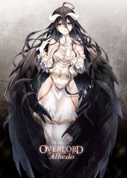 Rule 34 | 1girl, ahoge, albedo (overlord), bare shoulders, black hair, black wings, breasts, character name, cleavage, copyright name, demon girl, demon horns, dress, e-nya, gloves, hair between eyes, hip vent, horns, large breasts, long hair, looking at viewer, open mouth, overlord (maruyama), solo, demon girl, very long hair, white dress, white gloves, wings, yellow eyes